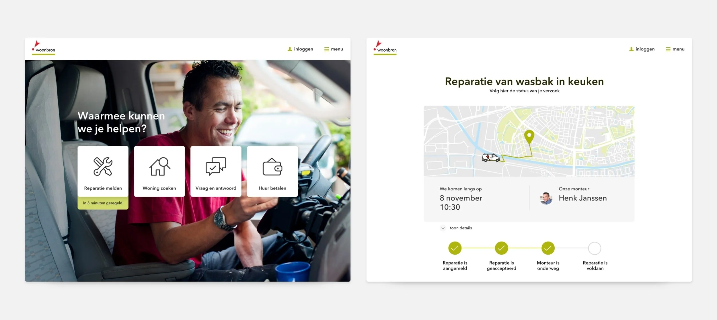 De nieuwe Woonbron-homepage met vier keuzes, en daarnaast een pagina die de status van een reparatie volgt