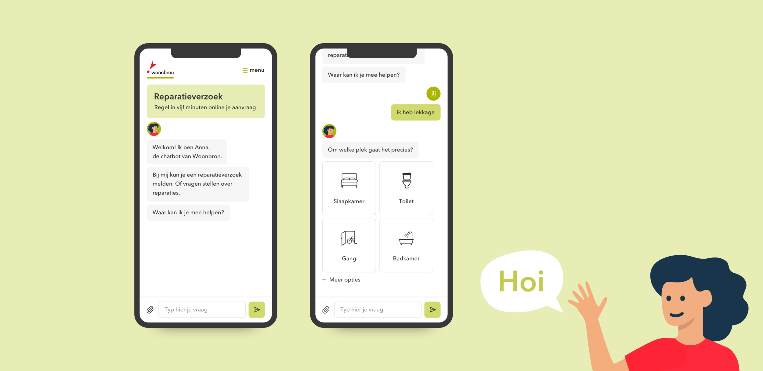 Chatbot Anna op mobiel: ze stelt zich voor en vraagt om welke plek in huis de lekkage gaat