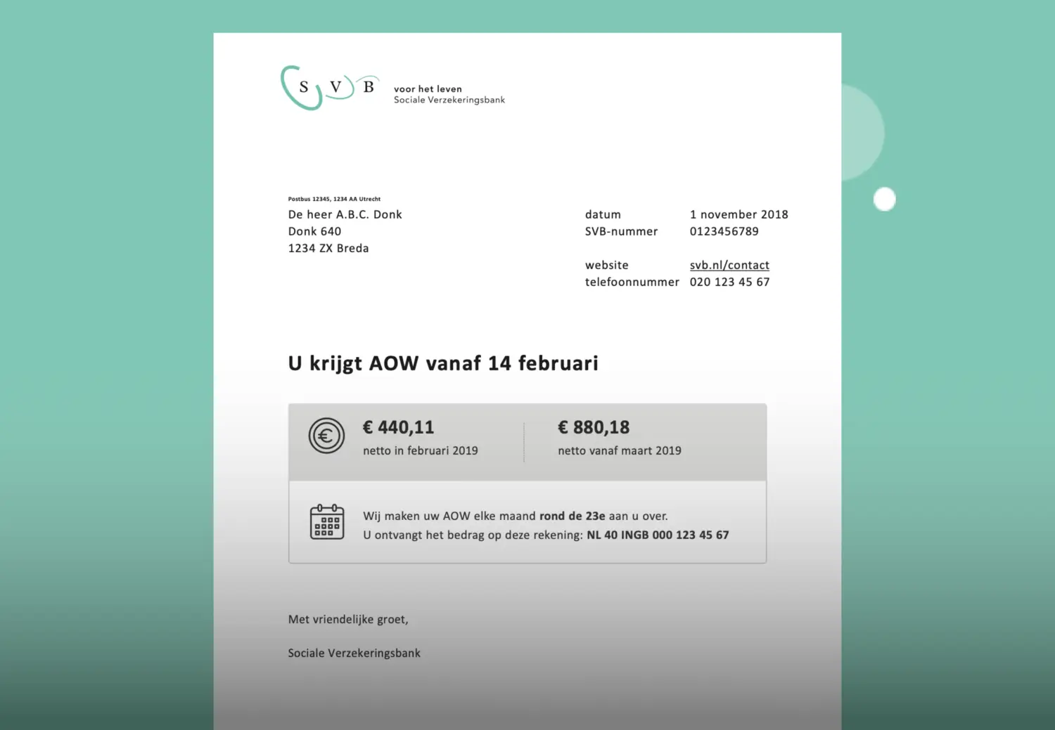 De nieuwe AOW-brief van de SVB, met bovenaan in één blok het bedrag, de datum en het rekeningnummer