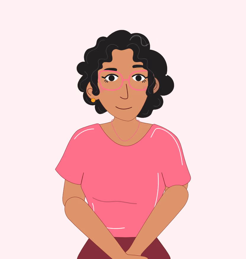 Illustration d'une femme aux cheveux bouclés noirs, portant des lunettes roses et un t-shirt rose.