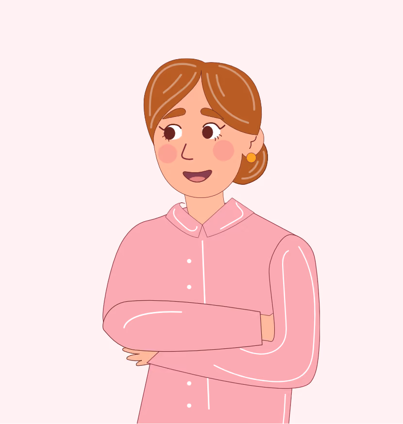 Femme souriante avec cheveux bruns, chemise rose et bras crois