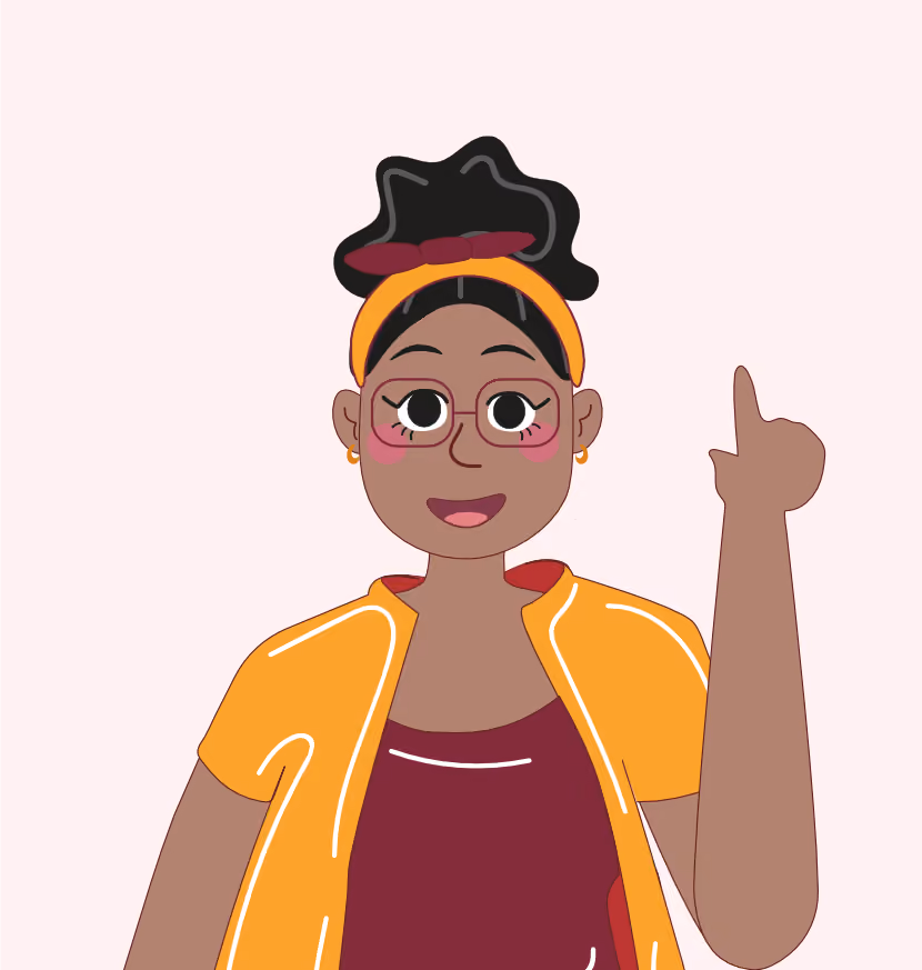 Femme souriante avec bandeau orange et lunettes, levant l'index droit.