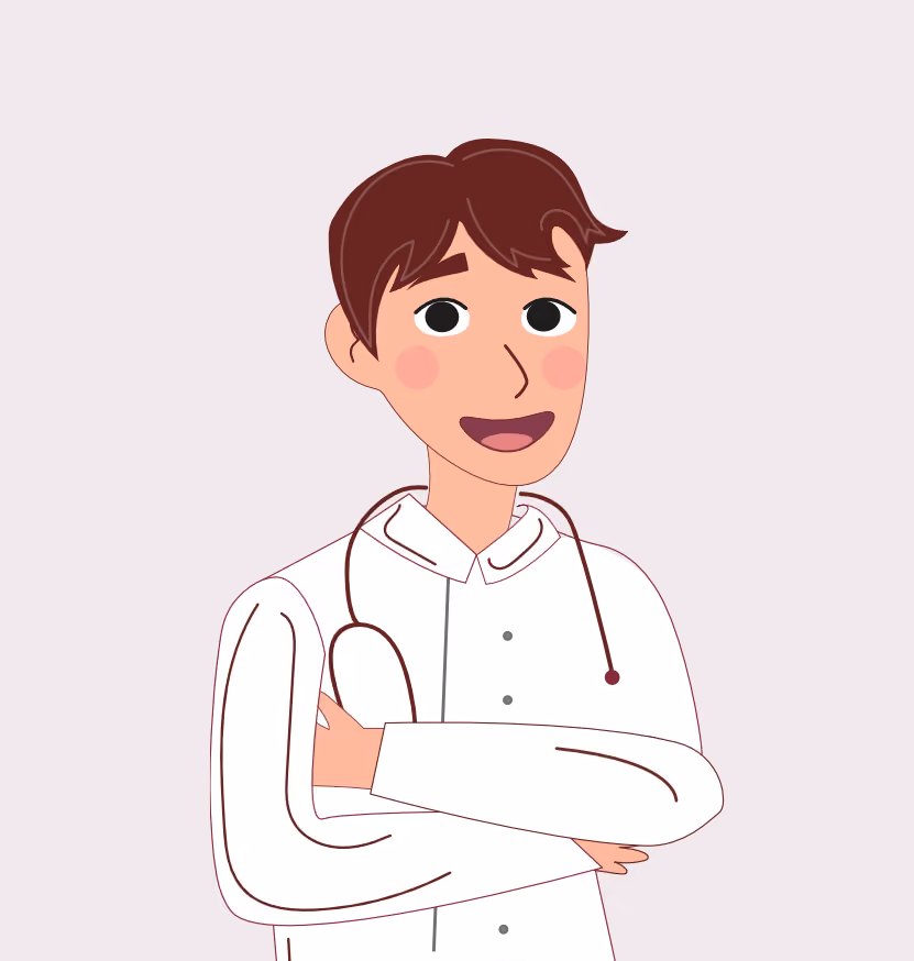 Illustration d'un médecin souriant avec une blouse blanche et un stéthoscope autour du cou.