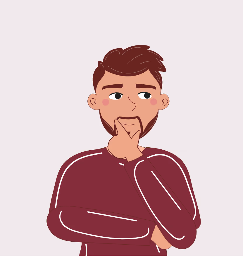 Homme pensif avec une barbe et un pull bordeaux, main sur le menton, regardant vers la droite.