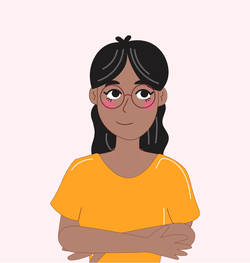 Illustration d'une femme aux cheveux noirs et lunettes roses portant un t-shirt orange, bras croisés.