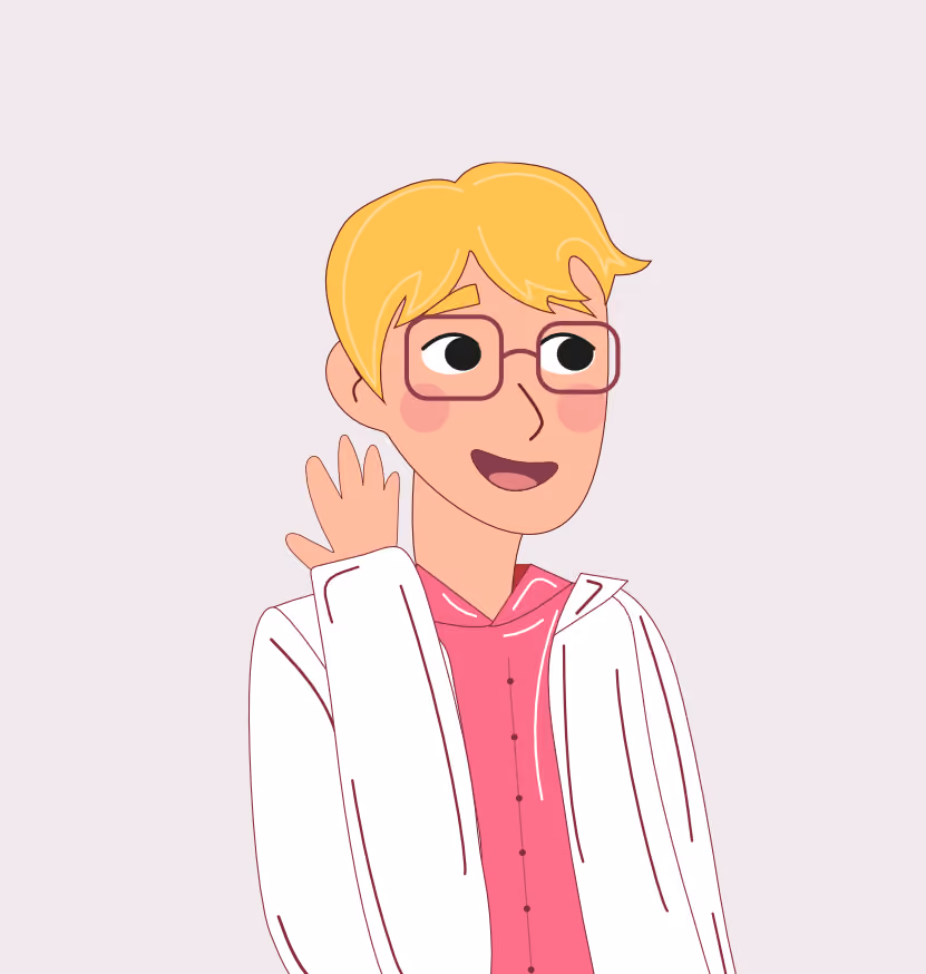 Un personnage animé avec des cheveux blonds, lunettes et veste blanche agitant la main.