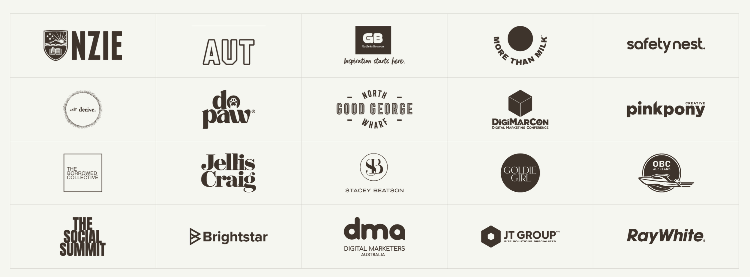 Logos of brands The Social Collective has worked with, including NZIE, AUT, Good George, Safety Nest, Pink Pony, Jellis Craig, Brightstar, DMA, JT Group and Ray White