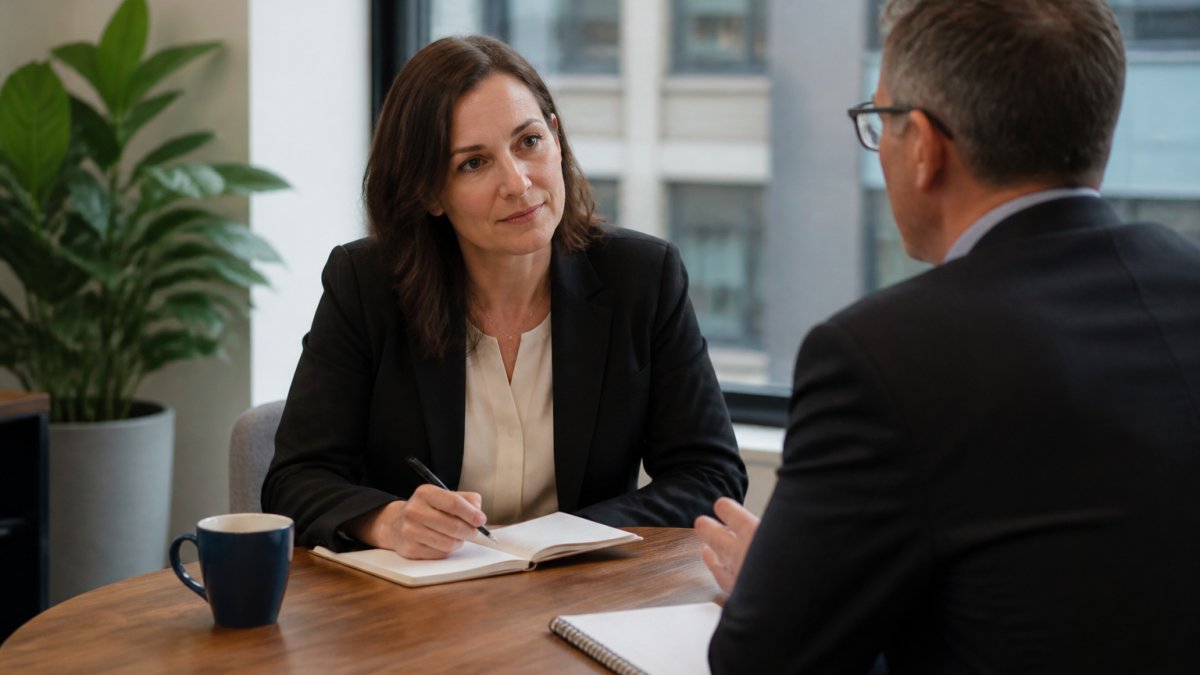 A calm one-to-one conversation between two colleagues at a small meeting table in a bright office, notepads and a mug of tea on the table, neutral and respectful body language
