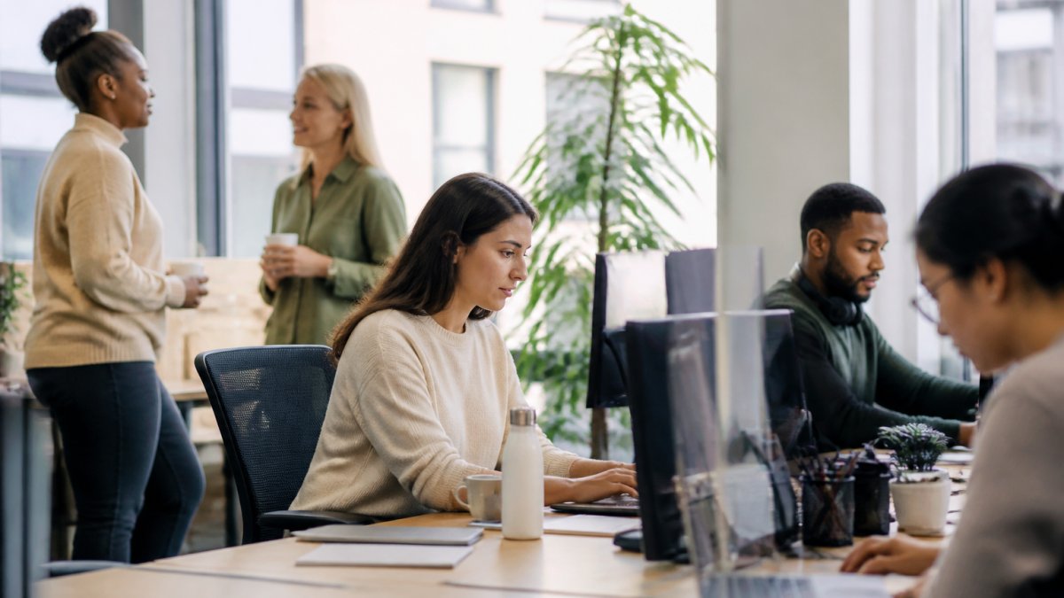 Diverse group of employees in a modern office setting, some seated at desks working on computers, others in conversation by a window, showing a collaborative and engaged workplace environment with natural lighting