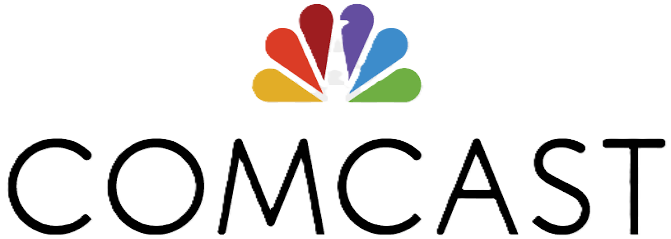 Comcast logo featuring a multi-coloured peacock with red, purple, blue, green, and yellow feathers above the word COMCAST in black uppercase letters.