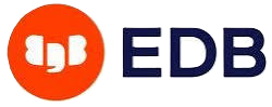 EDB company logo with white stylized letters 'edb' inside an orange circle to the left of the bold navy text 'EDB'.