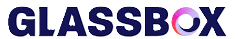 Logo with the word 'GLASSBOX' in bold uppercase letters, with the letter 'O' designed as a circular gradient symbol blending pink, purple, and red shades.