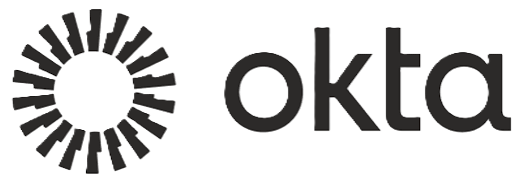 Okta logo with a circular pattern of radiating black rectangles next to the word 'okta' in lowercase black letters.