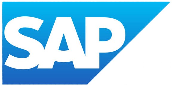 SAP logo with white letters on a blue gradient background shaped as a rightward-pointing trapezoid.