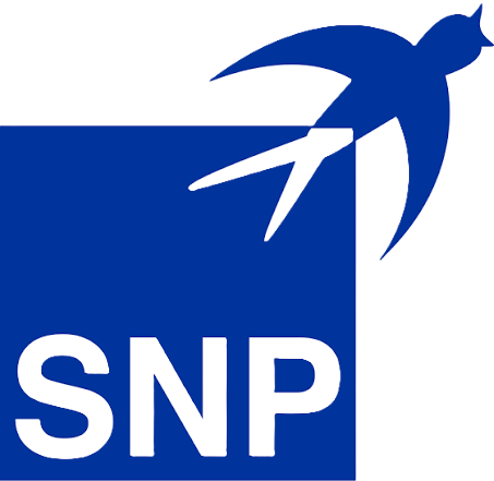 Logo featuring a blue square with the white letters SNP and a stylized blue swallow flying out from the top right corner.