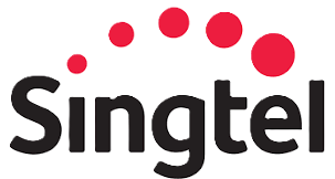 Singtel company logo with the word 'Singtel' in black lowercase letters and a curved arc of six red dots above it.