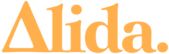 The word 'Alida' in orange lowercase letters with a triangle shape replacing the capital letter 'A' and a period at the end.