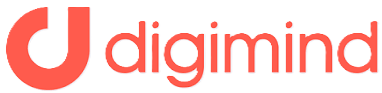 Digimind company logo with stylized lowercase 'd' in coral and the word 'digimind' in matching coral sans-serif font.