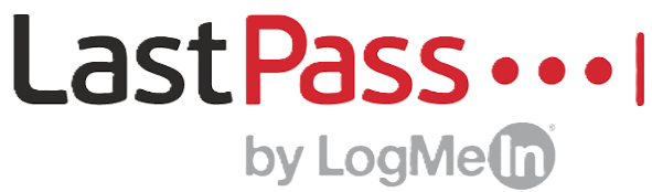 LastPass logo in black and red, followed by 'by LogMeIn' in grey with the In letters inside a grey oval.
