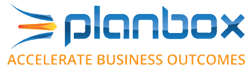 Planbox logo with blue and orange design elements and the tagline 'ACCELERATE BUSINESS OUTCOMES' in orange capital letters below.
