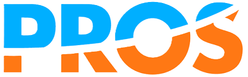 Text logo displaying the word PROS with PRO in blue and S in orange, featuring an arrow integrated into the letter S.