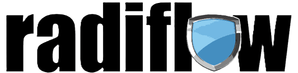Radiflow logo with a blue shield replacing the letter 'o' in the word 'radiflow'.