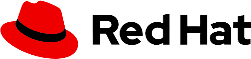 Red fedora hat with a black band next to the words 'Red Hat' in bold black letters.