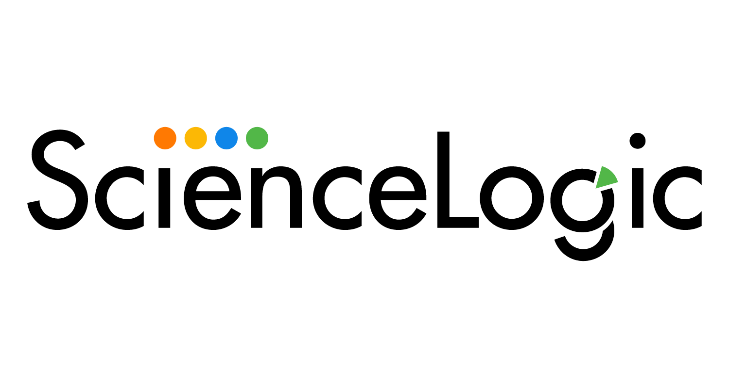 ScienceLogic logo featuring the name in black lowercase letters with four colored dots (orange, yellow, blue, green) above the 'i' and a small green shape resembling a quaver note to the right.