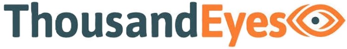 Logo with the text 'ThousandEyes' where 'Thousand' is in dark grey and 'Eyes' is in orange followed by an orange eye symbol with a blue pupil.