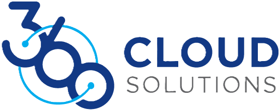 Logo with the text '360 Cloud Solutions' featuring a stylized '360' with interconnected blue circles and lines.