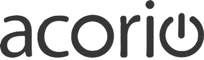 Acorio company logo with the 'o' stylized as a power button symbol.