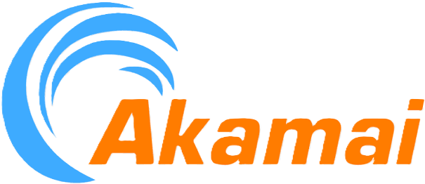 Akamai logo with stylized blue curved lines forming a wave shape to the left of bold orange text 'Akamai'.