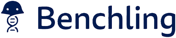 Benchling logo with a stylized mushroom cap above a DNA double helix symbol to the left of the company name in dark blue text.