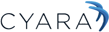 Logo for Cyara featuring the company name in black capital letters with a blue stylized abstract design on the right.