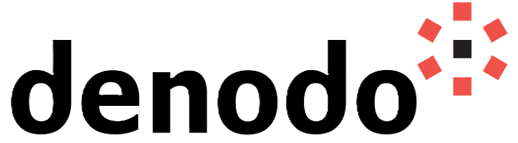Denodo logo featuring the word 'denodo' in lowercase black letters with a red and black square pattern to the top right resembling a circular design.