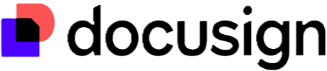 Docusign logo with stylized overlapping red and blue shapes followed by the word 'docusign' in black lowercase letters.