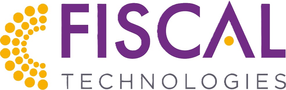 Fiscal Technologies logo featuring purple uppercase text with an abstract design of orange dots forming a curved shape on the left.