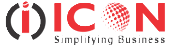 Logo with a red and black stylized letter 'i' inside black parentheses, followed by red text 'ICON' and smaller grey text 'Simplifying Business'.