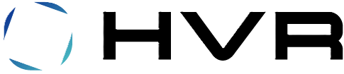 HVR company logo with stylized blue triangular shapes forming a partial square to the left of bold black letters 'HVR'.