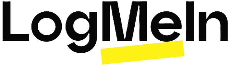 LogMeIn wordmark with black letters and a yellow rectangle below the letters 'MeIn'.