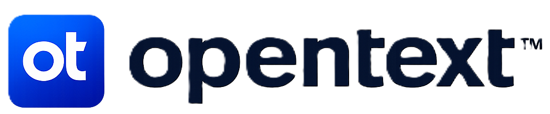 OpenText company logo with white lowercase letters 'ot' in a blue rounded square next to the lowercase word 'opentext' in black.