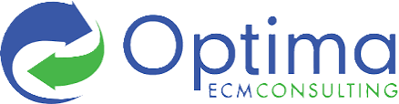 Optima ECM Consulting logo featuring two circular arrows, one blue and one green, forming a cycle to the left of the company name with 'Optima' in blue and 'ECM Consulting' below in smaller blue and green text.