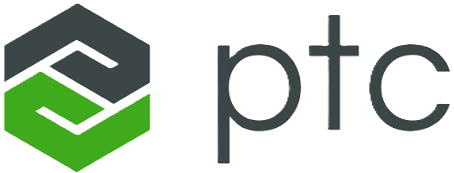 PTC company logo with a stylized hexagonal emblem in black and green to the left of lowercase letters 'ptc'.