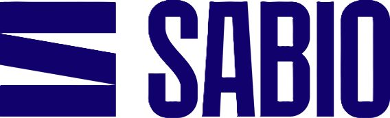 Logo with a stylized capital letter S made of thick blue horizontal bars with two white triangles missing, next to the bold blue text "SABIO".