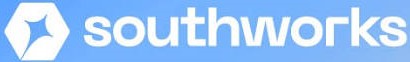 Southworks logo featuring a white stylized four-pointed star inside a rounded pentagon shape on a blue background, with the word 'southworks' in lowercase white letters to the right.