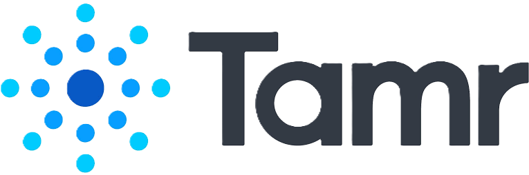 Tamr company logo with a stylised blue dot design to the left of the word Tamr in bold dark font.