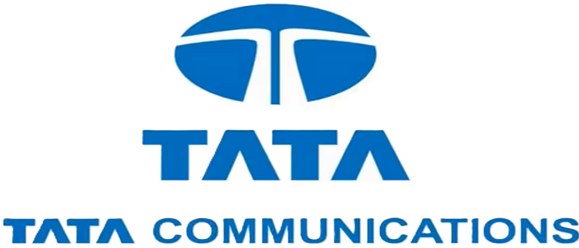 Tata Communications logo with stylised blue 'T' emblem above the word 'TATA' and 'TATA COMMUNICATIONS' text below.