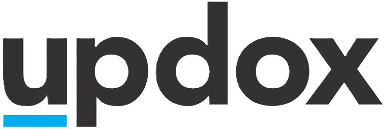 Updox company logo with black lowercase letters and a blue underscore beneath the 'u'.