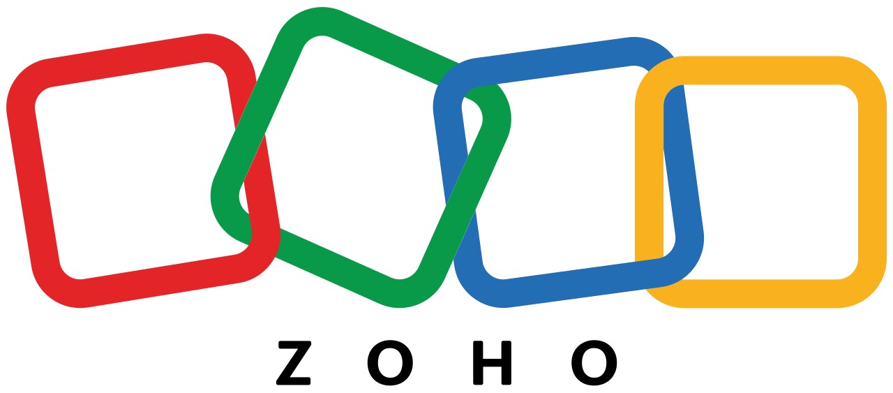 Four overlapping squares in red, green, blue, and yellow above the text 'ZOHO'.