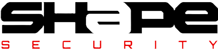 Shape Security logo with bold black stylized uppercase letters spelling 'SHAPE' above smaller spaced red uppercase letters spelling 'SECURITY'.